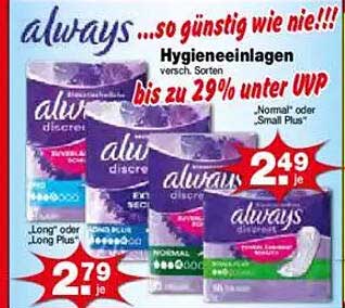 Hygieneeinlagen Always - bis zu 29% unter UVP!