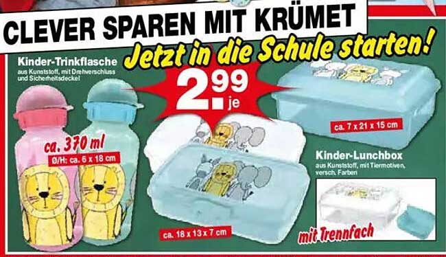 Kinder-Trinkflasche und Kinder-Lunchbox aus Kunststoff, verschiedene Motive