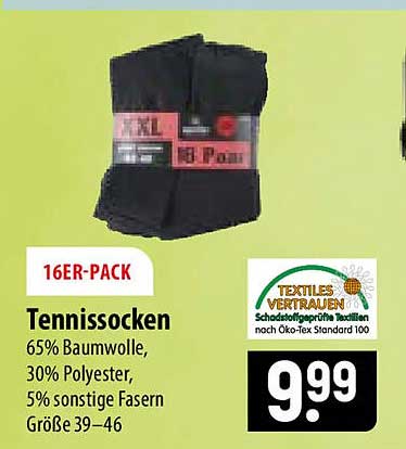 16ER-PACK Tennissocken 65% Baumwolle, 30% Polyester, 5% sonstige Fasern Größe 39–46