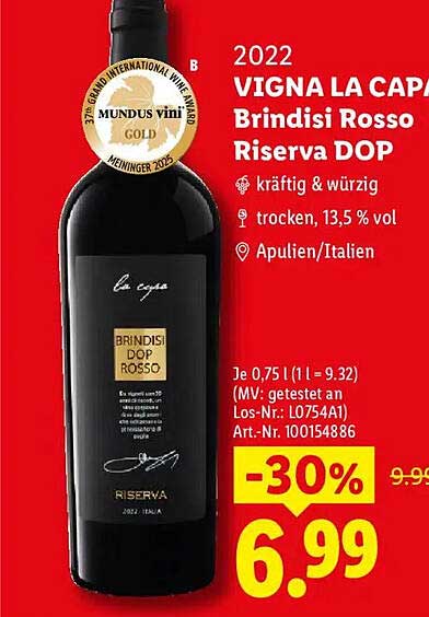 2022 VIGNA LA CAPA Brindisi Rosso Riserva DOP