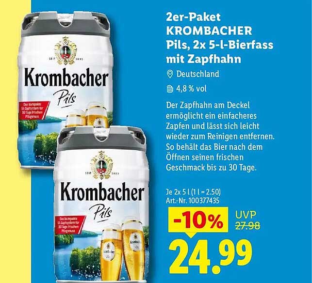 2er-Paket KROMBACHER Pils, 2x 5-l-Bierfass mit Zapfhahn