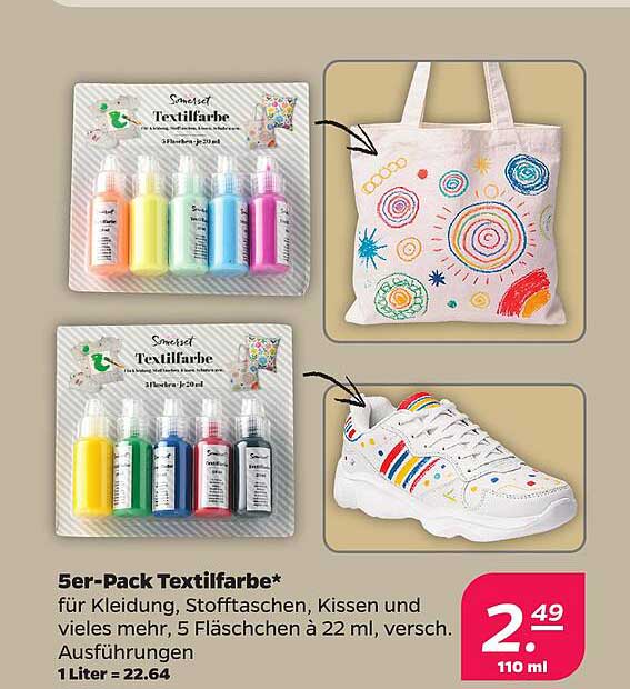 5er-Pack Textilfarbe* für Kleidung, Stofftaschen, Kissen und vieles mehr, 5 Fläschchen à 22 ml, versch. Ausführungen