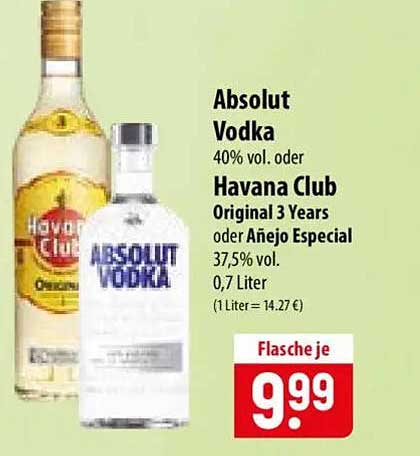 Absolut Vodka 40% vol. oder Havana Club Original 3 Years oder Añejo Especial 37,5% vol. 0,7 Liter