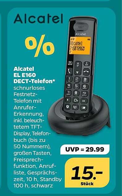 Alcatel EL160 DECT-Telefon* schnurloses Festnetz-Telefon mit Anrufer-Erkennung, inkl. beleuchtetem TFT-Display, Telefonbuch (bis zu 50 Nummern), großen Tasten, Freisprechfunktion, Anrufliste, Gesprächszeit, 10 h, Standby 100 h, schwarz