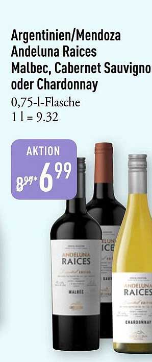 Argentinien/Mendoza Andeluna Raices Malbec, Cabernet Sauvignon oder Chardonnay