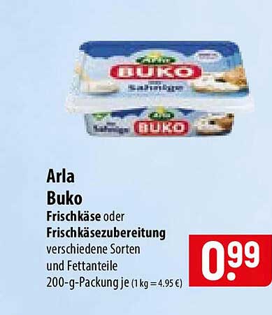 Arla Buko Frischkäse oder Frischkäsezubereitung verschiedene Sorten und Fettanteile 200-g-Packung je (1 kg = 4.95 €)