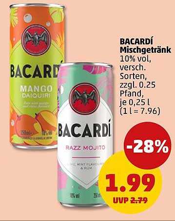 BACARDÍ Mischgetränk 10% vol., versch. Sorten, zzgl. 0.25 Pfand, je 0,25 l (1 l = 7.96)