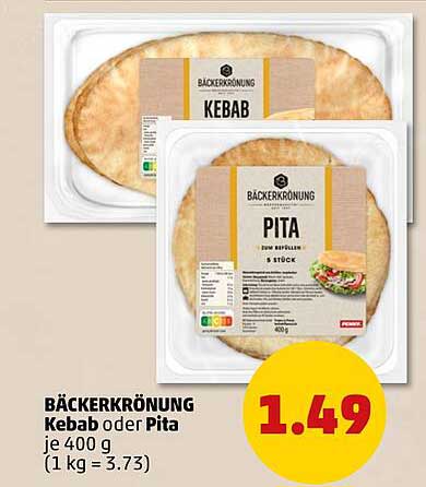 BÄCKERKRÖNUNG Kebab oder Pita je 400 g (1 kg = 3.73)