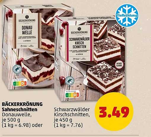 BÄCKERKRÖNUNG Sahneschnitten Donauwelle, je 500 g (1 kg = 6.98) oder Schwarzwälder Kirschschnitten, je 450 g (1 kg = 7.76)