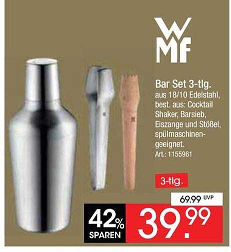 Bar Set 3-tlg. aus 18/10 Edelstahl, best. aus: Cocktail Shaker, Barsieb, Eiszange und Stößel, spülmaschinengeeignet. Art: 1155961