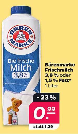 Bärenmarke Frischmilch 3,8 % oder 1,5 % Fett* 1 Liter