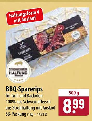 BBQ-Spareribs für Grill und Backofen 100% aus Schweinefleisch aus Strohhaltung mit Auslauf SB-Packung (1 kg = 17,98 €)