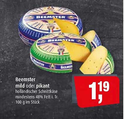 Beemster mild oder pikant holländischer Schnittkäse mindestens 48% Fett i. Tr. 100 g im Stück