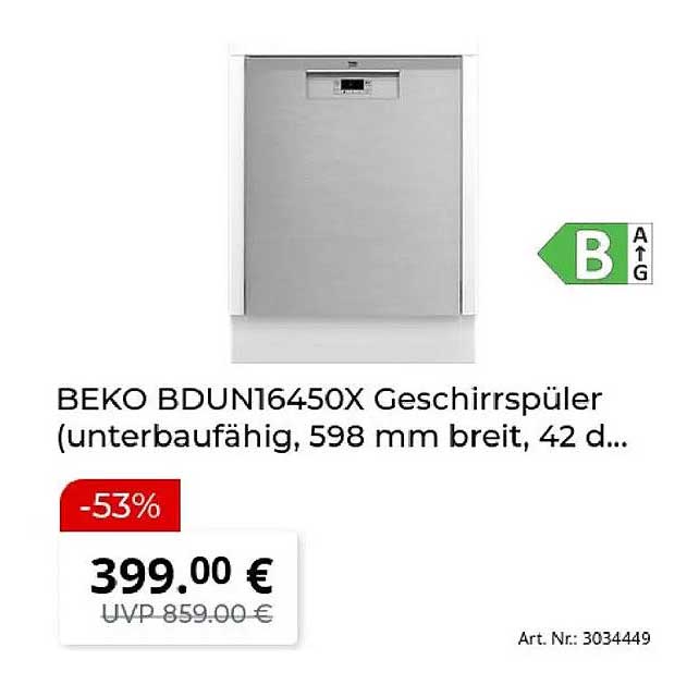 BEKO BDUN16450X Geschirrspüler (unterbaufähig, 598 mm breit, 42 d...