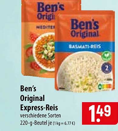 Ben’s Original Express-Reis verschiedene Sorten 220-g-Beutel je (1 kg = 6.77 €)