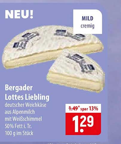 Bergader Lottes Liebling deutscher Weichkäse aus Alpenmilch mit Weißschimmel 50% Fett i. Tr. 100 g im Stück