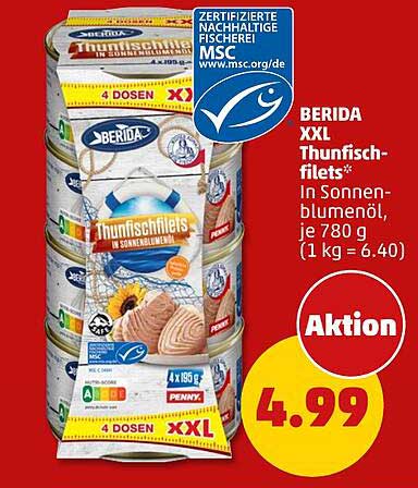 BERIDA XXL Thunfischfilets* In Sonnenblumenöl, je 780 g (1 kg = 6.40)