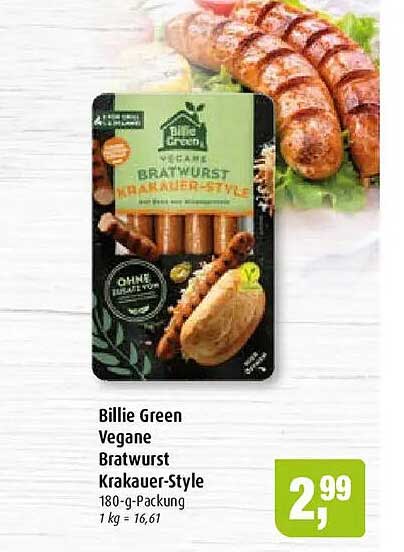 Billie Green Vegane Bratwurst Krakauer-Style 180-g-Packung