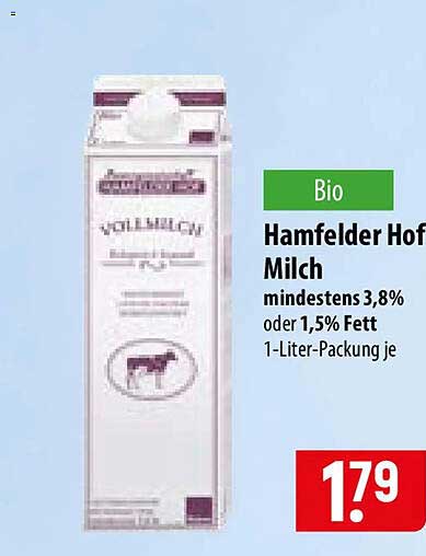 Bio Hamfelder Hof Milch mindestens 3,8% oder 1,5% Fett 1-Liter-Packung je