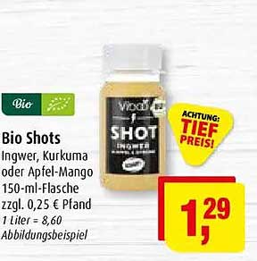 Bio Shots Ingwer, Kurkuma oder Apfel-Mango 150-ml-Flasche zzgl. 0,25 € Pfand 1 Liter = 8,60 Abbildungsbeispiel