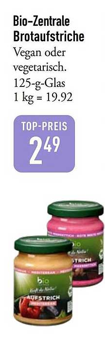Bio-Zentrale Brotaufstriche Vegan oder vegetarisch. 125-g-Glas 1 kg = 19.92