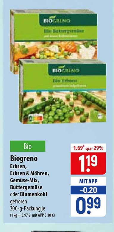 Biogreno Erbsen, Erbsen & Möhren, Gemüse-Mix, Buttergemüse oder Blumenkohl gefroren 300-g-Packung je