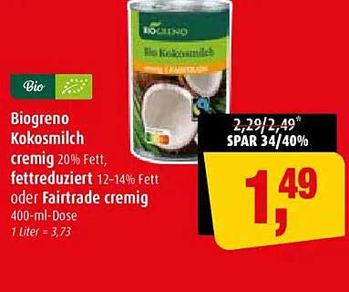 Biogreno Kokosmilch cremig 20% Fett, fettreduziert 12-14% Fett oder Fairtrade cremig 400-ml-Dose