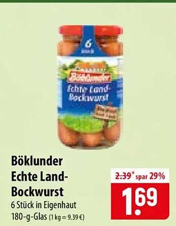 Böklunder Echte Land-Bockwurst 6 Stück in Eigenhaut 180-g-Glas (1 kg = 9,39 €)