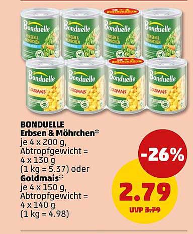 BONDUELLE Erbsen & Möhrchen* je 4 x 200 g, Abtropfgewicht = 4 x 130 g (1 kg = 5.37) oder Goldmais* je 4 x 150 g, Abtropfgewicht = 4 x 140 g (1 kg = 4.98)