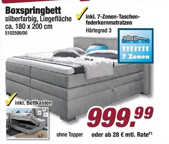 Boxspringbett silberfarbig, Liegefläche ca. 180 x 200 cm