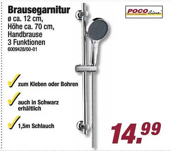 Brausegarnitur Ø ca. 12 cm, Höhe ca. 70 cm, Handbrause 3 Funktionen