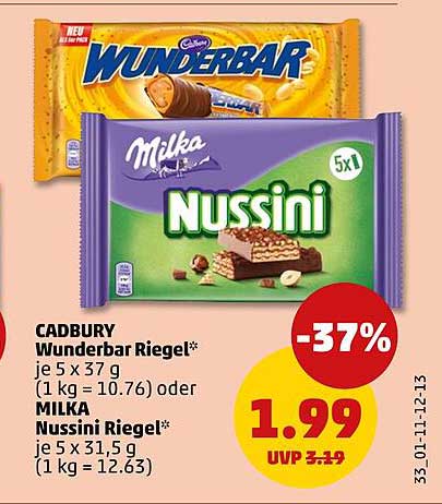 CADBURY Wunderbar Riegel* je 5 x 37 g (1 kg = 10.76) oder MILKA Nussini Riegel* je 5 x 31.5 g (1 kg = 12.63)