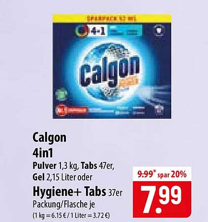 Calgon 4in1 Pulver 1,3 kg, Tabs 47er, Gel 2,15 Liter oder Hygiene+ Tabs 37er Packung/Flasche je