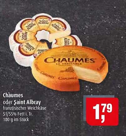 Chaumes oder Saint Albray französischer Weichkäse 51/55% Fett i. Tr. 100 g im Stück