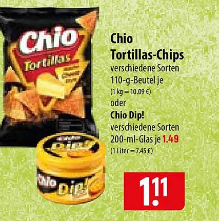 Chio Tortillas-Chips verschiedene Sorten 110-g-Beutel je oder Chio Dip! verschiedene Sorten 200-ml-Glas je