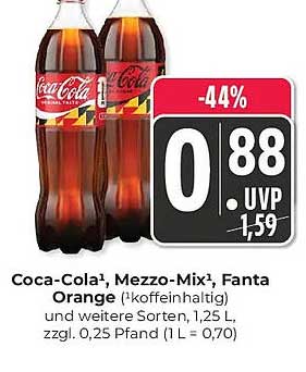 Coca-Cola, Mezzo-Mix, Fanta Orange (*koffeinhaltig) und weitere Sorten, 1,25 L, zzgl. 0,25 Pfand (1 L = 0,70)