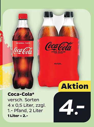 Coca-Cola* versch. Sorten 4 x 0,5 Liter, zzgl. 1.- Pfand, 2 Liter 1 Liter = 2.-