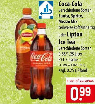 Coca-Cola verschiedene Sorten, Fanta, Sprite, Mezzo Mix teilweise koffeinhaltig oder Lipton Ice Tea verschiedene Sorten 0,85/1,25 Liter PET-Flasche je