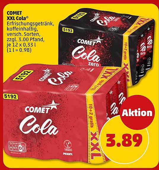 COMET XXL cola* Erfrischungsgetränk, koffeinhaltig, versch. Sorten, zzgl. 3.00 Pfand, je 12 x 0.33 l (1 l = 0.98)