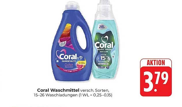 Coral Waschmittel versch. Sorten, 15–26 Waschladungen (1 WL = 0,25–0,15)