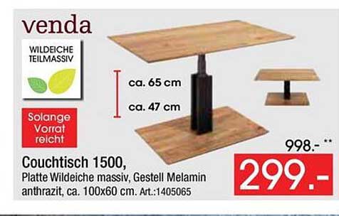 Couchtisch 1500, Platte Wildeiche massiv, Gestell Melamin anthrazit, ca. 100x60 cm. Art.-1405065