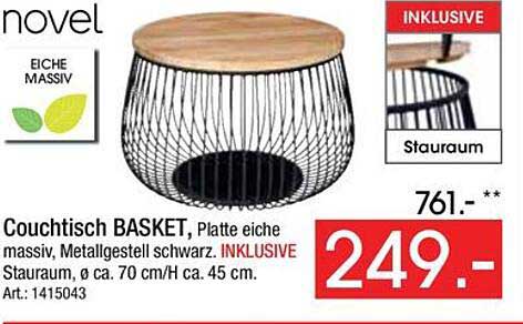 Couchtisch BASKET, Platte eiche massiv, Metallgestell schwarz. INKLUSIVE Stauraum, Ø ca. 70 cm/H ca. 45 cm.