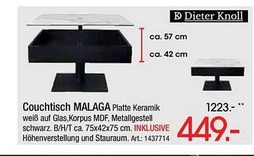 Couchtisch MALAGA Platte Keramik weiß auf Glas, Korpus MDF, Metallgestell schwarz. B/H/T ca. 75x42x75 cm. INKLUSIVE Höhenverstellung und Stauraum. Art.: 1437714