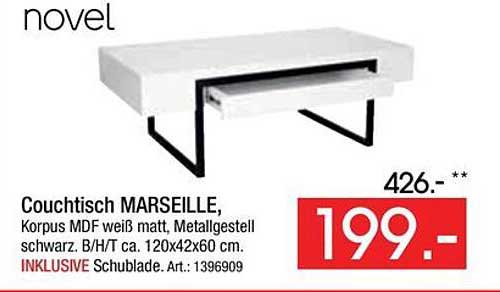 Couchtisch MARSEILLE, Korpus MDF weiß matt, Metallgestell schwarz. B/H/T ca. 120x42x60 cm. INKLUSIVE Schublade. Art.: 1396909