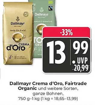 Dallmayr Crema d'Oro, Fairtrade Organic und weitere Sorten, ganze Bohnen, 750 g