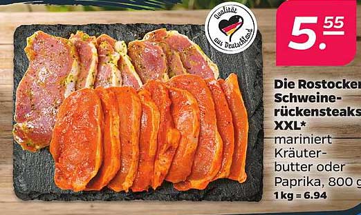 Die Rostocker Schweinerückensteaks XXL* mariniert Kräuterbutter oder Paprika, 800 g