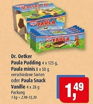 Dr. Oetker Paula Pudding 4 x 125 g, Paula minis 8 x 50 g verschiedene Sorten oder Paula Snack Vanille 4 x 28 g Packung
