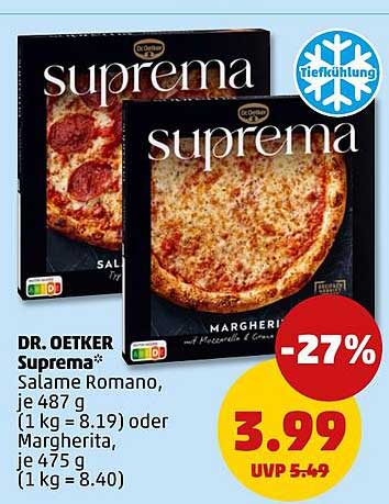 DR. OETKER Suprema* Salame Romano, je 487 g (1 kg = 8.19) oder Margherita, je 475 g (1 kg = 8.40)