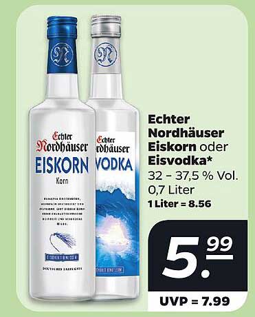 Echter Nordhäuser Eiskorn oder Eisvodka* 32–37,5 % Vol. 0,7 Liter 1 Liter = 8.56