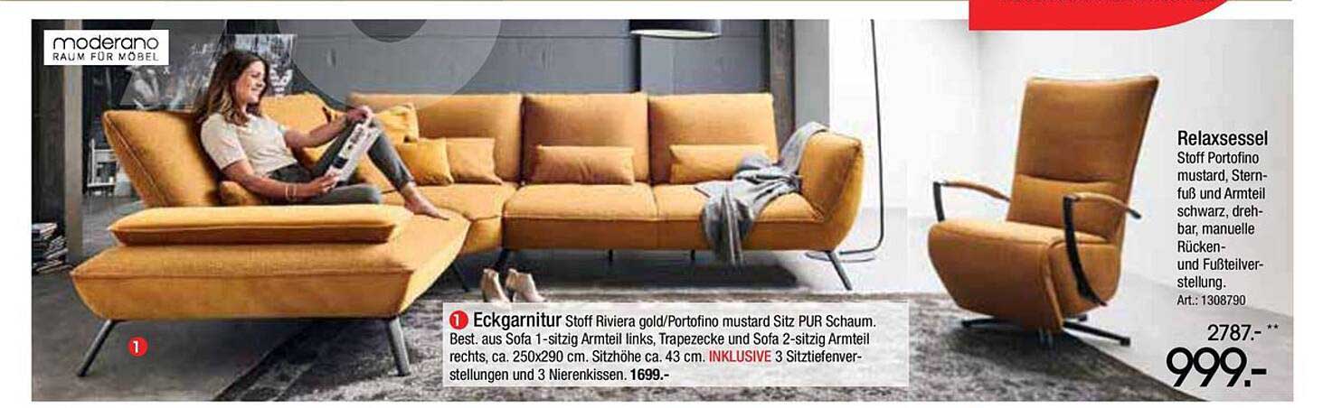 Eckgarnitur Stoff Riviera gold/Portofino mustard Sitz PUR Schaum. Best. aus Sofa 1-sitzig Armteil links, Trapezecke und Sofa 2-sitzig Armteil rechts, ca. 250x290 cm. Sitzhöhe ca. 43 cm. INKLUSIVE 3 Sitziefenstellungen und 3 Nierenkissen. 1699.-